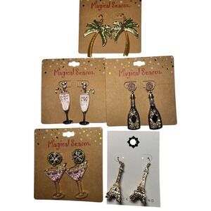 Magical Season Novelty Earring Lot 5 Pairs Champagne Cocktail Palm Eiffel Tower